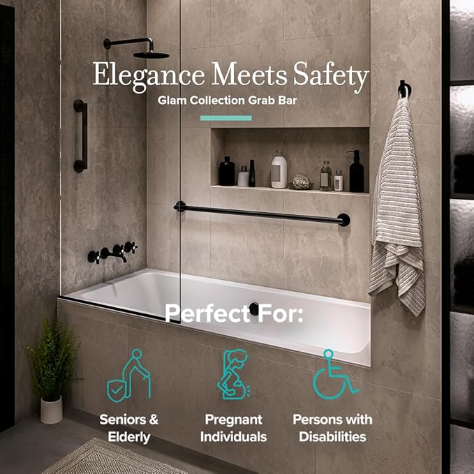 Gatco 966MX Glam 36" L Grab Bar, Matte Black/ADA Compliant Stainless Steel Safety Grab Bar for Bathroom