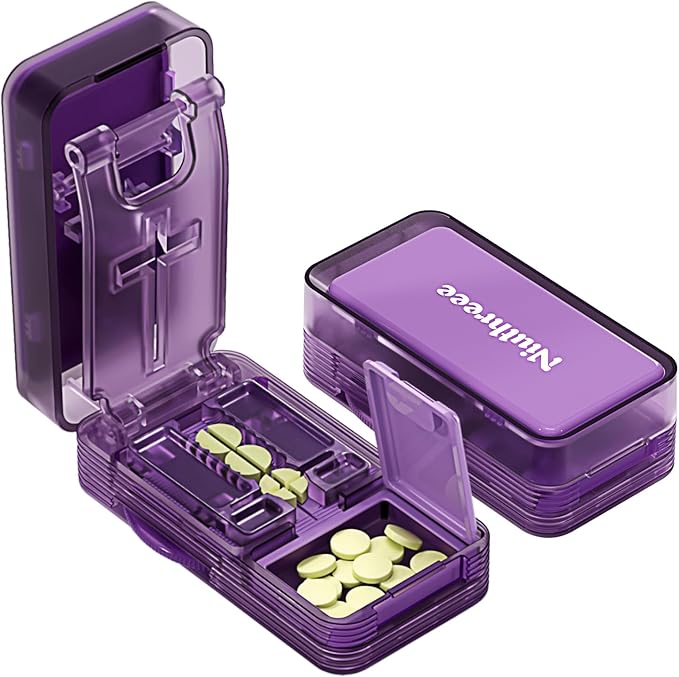 Pill Cutter - 1/4 & 1/2 Pill Splitter for Small Tiny Large Pills Professional | Hidden Blade & Sealed Storage | Adjustable & Cuts Multiple Tablets | Includes Cleaning Brush (Purple)
