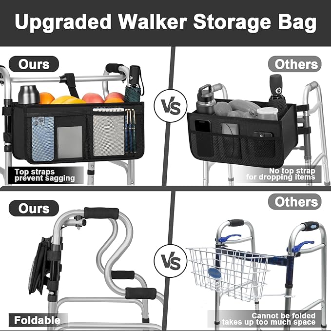 FREEAMG Walker Basket for Folding Walker, Large Capacity Foldable Walker Bag, Walker Storage Bag With Cup Holder, Detachable Walker Accessories Basket for Seniors (Black)