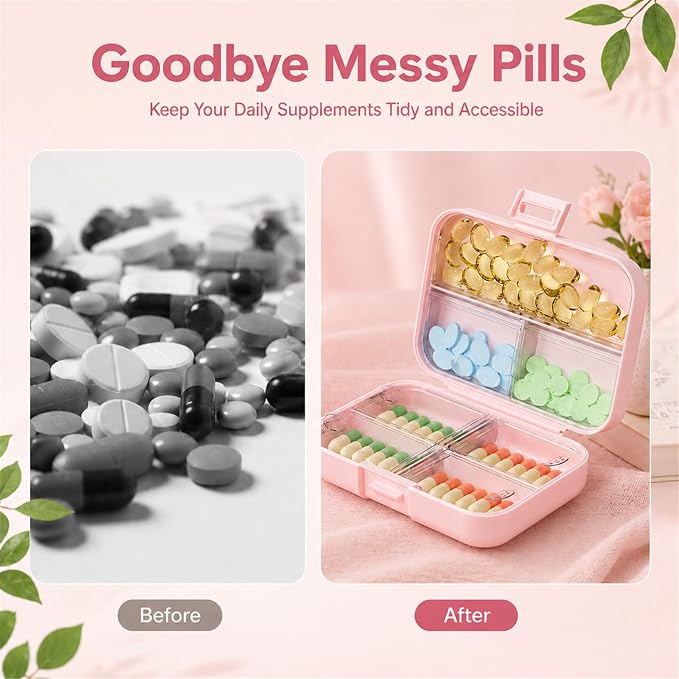 Travel Pill Box, Double Layer 7-Compartments Large Pill Organizer, 4.3" x 3.1" x 1.4" Portable Weekly Pill Case Container for Pocket, 7 Day Compact Medicine Holder for Vitamins, Fish Oils Pink