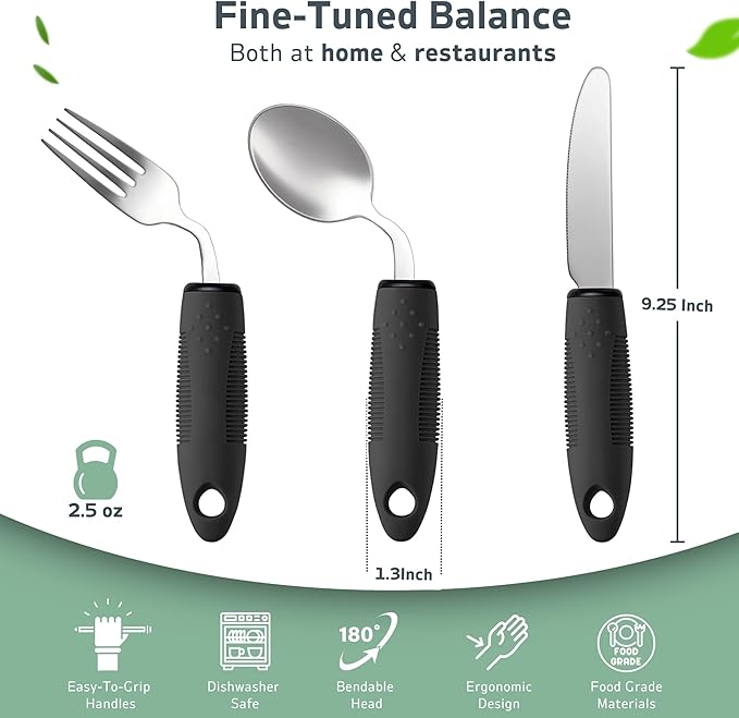3-Piece Adaptive Utensils Set - 42° Angled Parkinsons Utensils, 2.5 oz Weighted Utensils for Tremors and Parkinsons Patients, Easy Grip Weighted Silverware for Hand Tremors (Left-Handed)