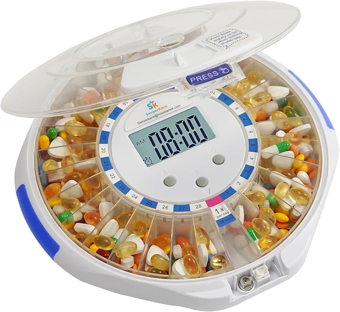 Senyerkare Automatic Pill Dispenser with Lock & Alert for Seniors/Dementia | Sound-Light Reminder, Up to 6 Alarms/Day, Medication Organizer with Clear Lid & LCD Display for Elderly, Caregivers