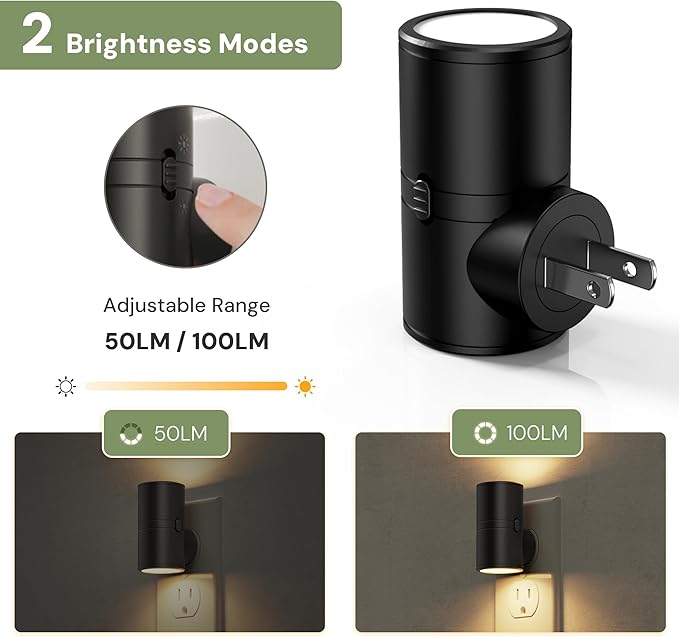 L LOHAS LED Night Light, Night Lights Plug into Wall, Light Sensor, 2 Level Brightness, Soft White 3000K, Mini Rotating Nightlight Plug in Wall for Adult Kids Hallway Bedroom Bathroom Stairway, 2 Pack
