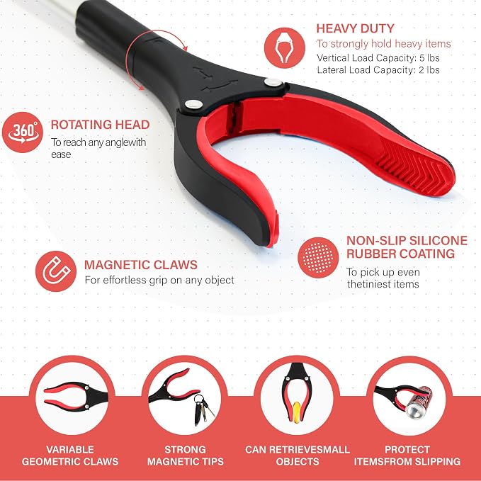 Grabber Reacher Tool - 2 Pack 32” Reacher Grabber Tool with Strong Magnetic and Swivel Head - Heavy Duty Pick Up Stick Grabbers for Seniors, Trash, Surgery Recovery Must Haves Gifts(Red)