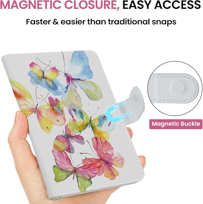 Passport Holder for Travel Essentials, RFID Blocking Leather Cover Wallet with Magnetic Closure, Aesthetic & Cute Passport Book Case for Women and Men - Butterfly
