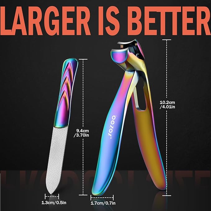 BEZOX Ergonomic Angled Head Thick Toenail Clipper for Seniors - Large Nail Clippers for Thick and Ingrown Nails with Metal Nail File, Premium Nail Cutter Fingernail Clipper for Men and Women - Rainbow