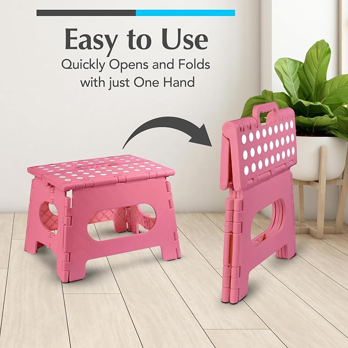 Handy Laundry Folding Step Stool 9 Inch 2 Pack, Holds 300 lbs, Non-Slip | Foldable Collapsible Plastic Stools for Adults and Kids with Handle, Lightweight for Kitchen, Bathroom, Bedroom, Pink