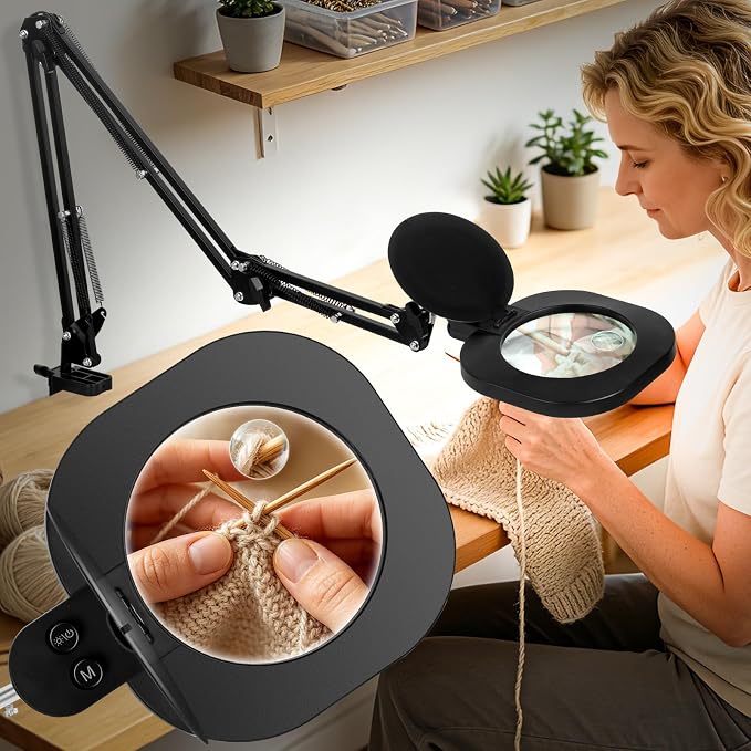 HITTI 30X 12X Long Magnifying Glass with Light and Clamp, 5-Inch Large Real Glass, 5 Color Modes, Stepless Dimmable, Hands Free LED Lighted Magnifier Stand for Workbench, Craft, Jewelry Making