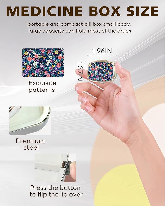 LRITER Pill Case, 2 Compartment Portable Small Travel Pill Organizer for Purse and Pocket, Stylish Medicine Case with Multiple Patterns, Daily Pillbox for Home & Travel (Colorful Flowers)