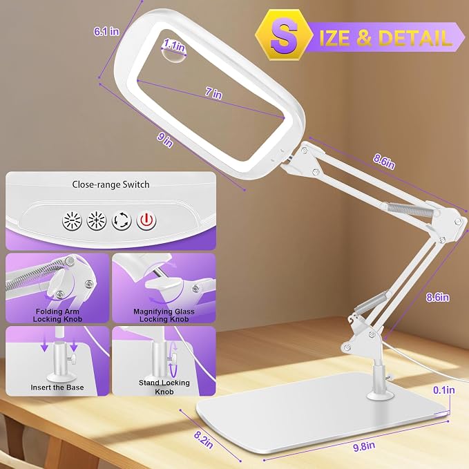 10X 30X Extra Large Magnifying Glass with Light and Stand 7-inch | 5 Color Modes Dimmable,Lighted Magnifier,Rectangle Hands-Free Magnifying Glass Desk Lamp for Reading Craft Close Work LB