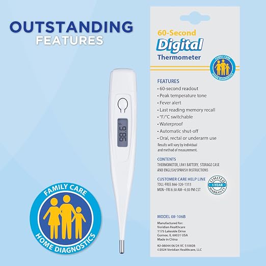 Veridian 60-Second Digital Thermometer with Rigid Tip | Oral, Rectal & Underarm Thermometer, Fever Alert at 100.0°F, Memory Recall, Water-Resistant, Storage Case