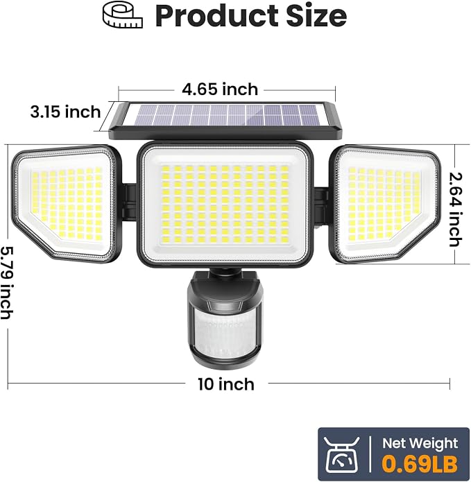 Onforu 4500LM Solar Lights Outdoor, 3 Heads Security Lights with Remote Control, IP65 Waterproof Motion Sensor Lights, 3 Modes Flood Lights for Wall, Porch, Yard, Outside, 2 Pack