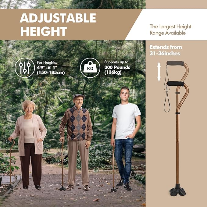 GPTCAMP G1 Walking Stick, Walking Cane for Women & Men with Wrist Strap, Lightweight & Sturdy Offset EVA Handle, Large Quad Base, Self Standing for Seniors and People with Injuries & Recovery