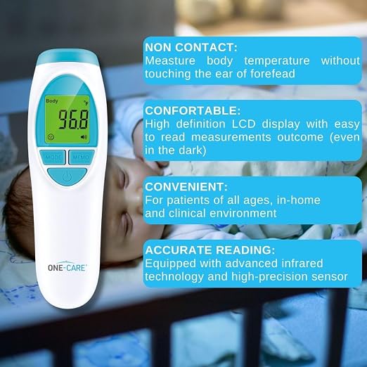 ONE-CARE Infrared Thermometer HTD8813C, Non-Contact, Forehead & Room | Homedics Thermometer, High Accuracy, Fast Reading, Body & Room Temp, Newborn Baby to Adult, Fever Alarm, Large Display
