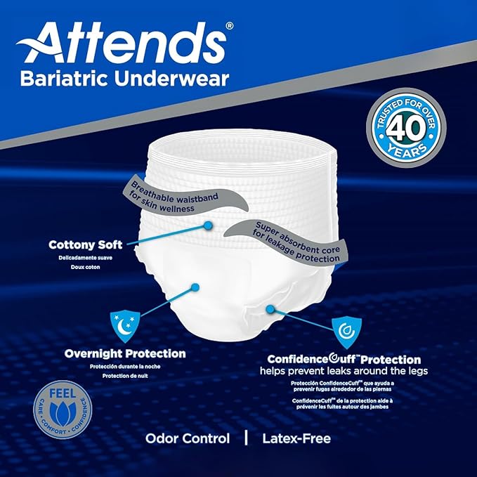 Attends Bariatric Adult Incontinence Underwear, 3X-Large (74-92"), [40 Count] - Overnight Absorbency for Men and Women, Disposable Pull-On Diapers with Tear-Away Sides, AU60