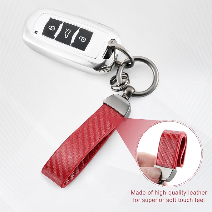 JUSTTOP Leather Keychain, Carbon Fiber Car Key Chain with Anti-Lost D-Ring and 2 Key Ring, Keychain Wristlet, Car Accessories, Universal Keychain for Men and Women (Red)