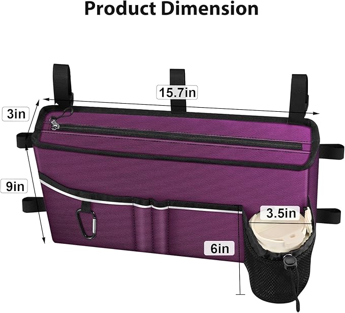 FINPAC Large Walker Tote Bag with Cup Holder, Folding Walker Attachment Hands-Free Storage Basket Mobility Aid Accessory Pouch for Elderly, Senior, Purple