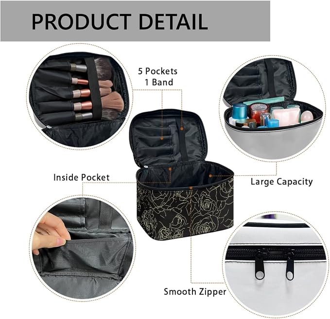 Rose Flowers Large Travel Toiletry Bag for Women Makeup Bags, Line Drawing Roses Floral Dopp Kit Portable Cosmetic Organizer for Toiletries