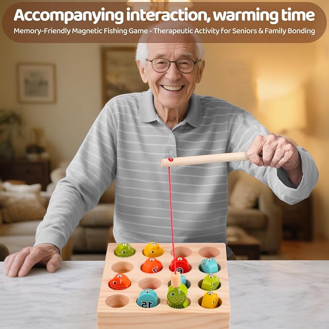 Dementia Magnetic Fishing Game, Wooden Cognitive Toy for Seniors | Alzheimer memory training toy, improves seniors fine motor skills, wooden magnetic brain exercise game