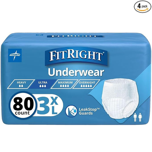 Medline FitRight Adult Incontinence Underwear, Heavy Absorbency, 3X-Large, 75"-94" Waist (20 Count, 4 Pack)