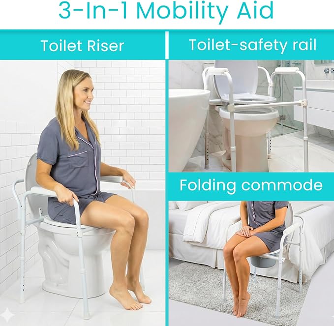 Vive Bedside Commode Toilet Chair (Folding) - 350 lb Capacity, Safety Rail, Shower Chair - 3 in 1 Heavy Duty Bariatric Bucket with Padded Arms, Tight Lid – Portable Seat for Home - Steel