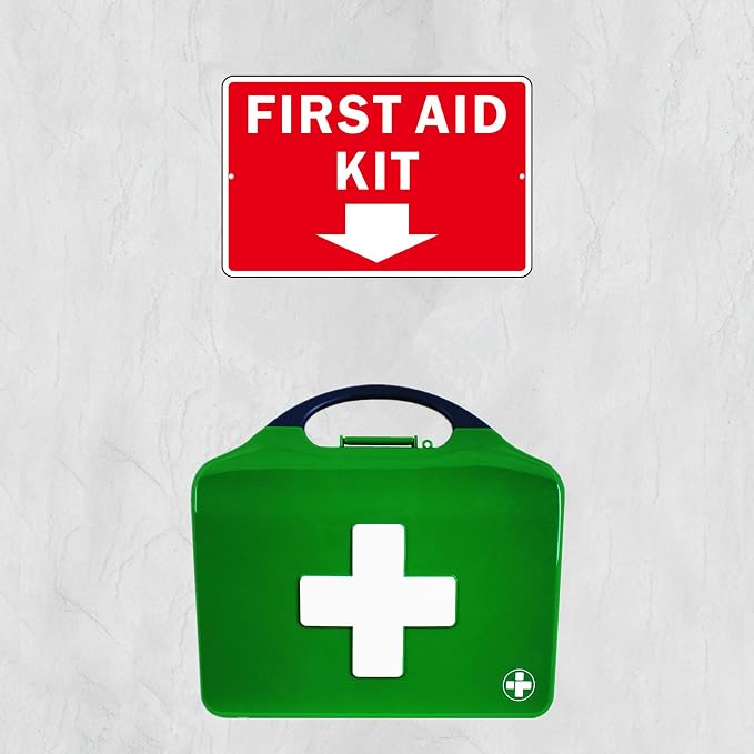 First Aid Sign, (2 Pack) Self Adhesive First Aid Kit Sign for Wall, Aluminum Metal Signs With 2 Pre-drilled Holes (9 x 6 inches, Red/White)