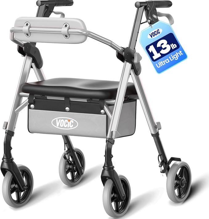 VOCIC Z12 Walker for Seniors with Seat, 13.4 LBS Ultra Light, 350 LBS | Ergo Seat & Backrest for Comfort, Height Adjustable & Easily Foldable for Seniors, All Terrain Wheels, Silver