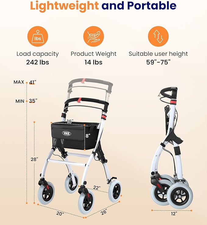 VOCIC Z32 Narrow Walkers for Small Spaces, 8" Quiet Anti-Slip Tires, Tray | Foldable & Lightweight Indoor Rollator Navigates Small Spaces, Easily Passes Tight Doors, Tray & Pouch for Home, WT