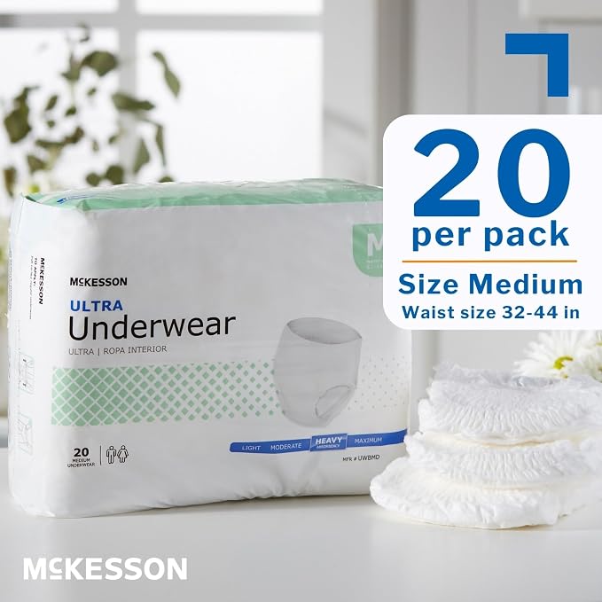 McKesson Ultra Adult Incontinence Underwear, [20 Count], Heavy Absorbency, Medium, 32-44 in. Unisex Bladder Leak Protection, Pull-On Style with Tear-Away Sides, Postpartum and Incontinence Support