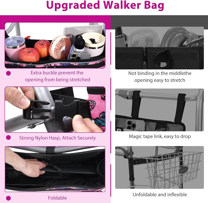 ZHCHG Walker Basket for Seniors, Walker Accessories Bag for Folding Walker | Large Capacity & Never Tipping Over, Best Gift- (Not Fit Rollator Walkers)- Light Pink Butterfly