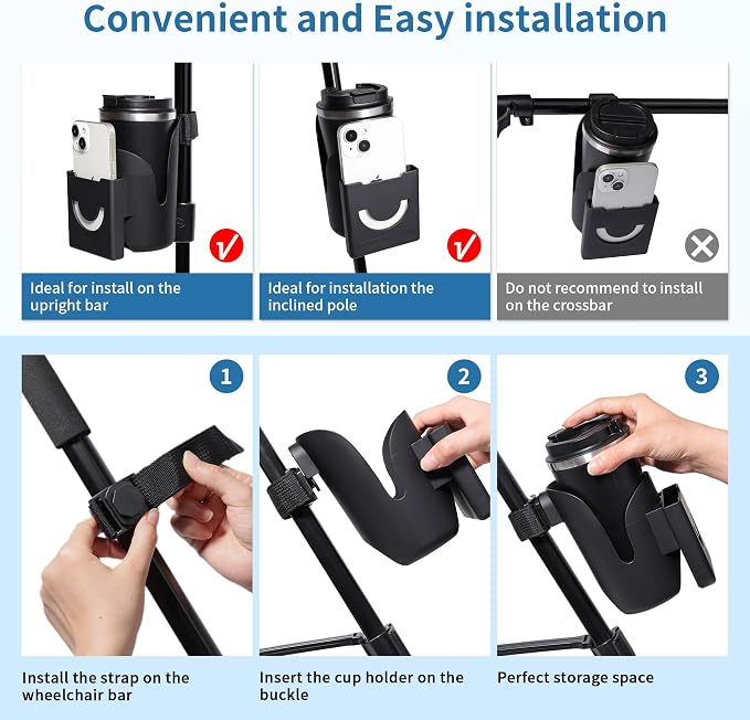 Wheelchair Cup Holder with Phone Holder for Walker, Wheelchair | Cup and Phone Holder Compatible with Drive Medical Nitro Rollator, Safe and Steady, Easy installation