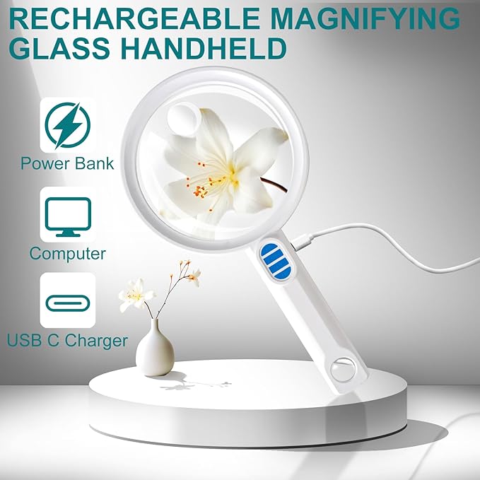 Magnifying Glass with Light Large 5.12" Rechargeable Magnifier with 5 Color Modes & 20 Level Brightness, 10X 20X 45X Handheld Magnifying Glass for Seniors Reading Coin Inspection