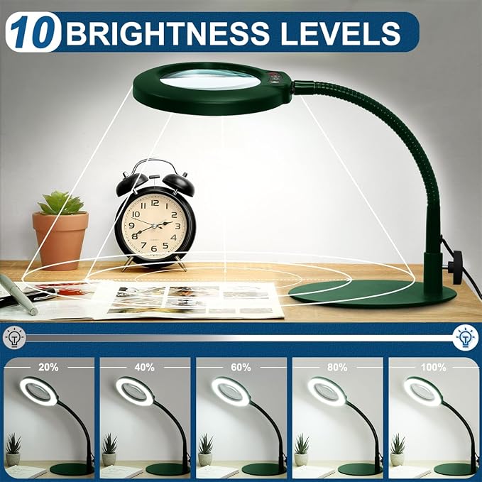 IVMAIE 12X Magnifying Glass with Light, Real Glass Lens, 5 Color Modes Dimmable, Flexible Gooseneck Lighted Magnifier with Stand, LED Desk Lamp Hands Free for Crafts Painting Reading Close Work, Green