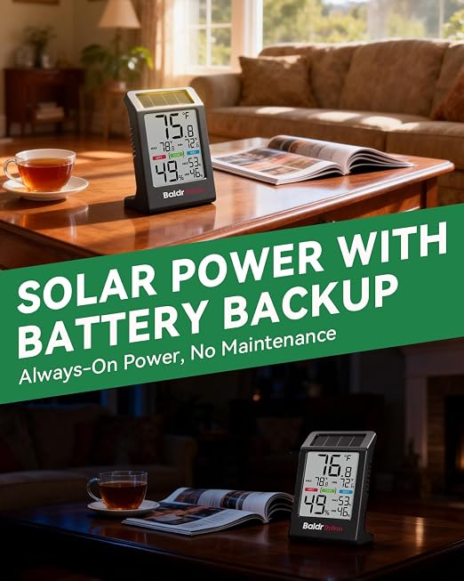 BALDR Solar Indoor Thermometer Hygrometer, Max/Min, Comfort Meter（Black） | Solar & Battery Dual Power |No Setup or App Required |Clear Comfort Level Indicator |Flexible Desk or Wall Placement
