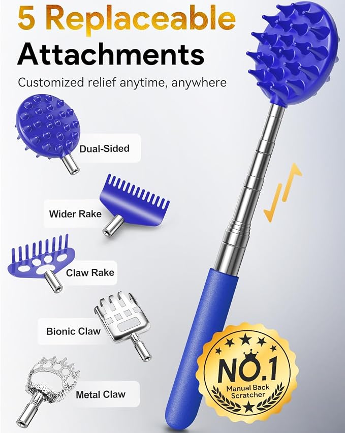 Telescoping Back Scratcher with 5 Detachable Heads, Gift for Men Blue | 10-30" Reach, Stainless Steel Pole, Rubber Grip, Christmas Stocking Stuffers, White Elephant, Anniversary and Birthday Gift