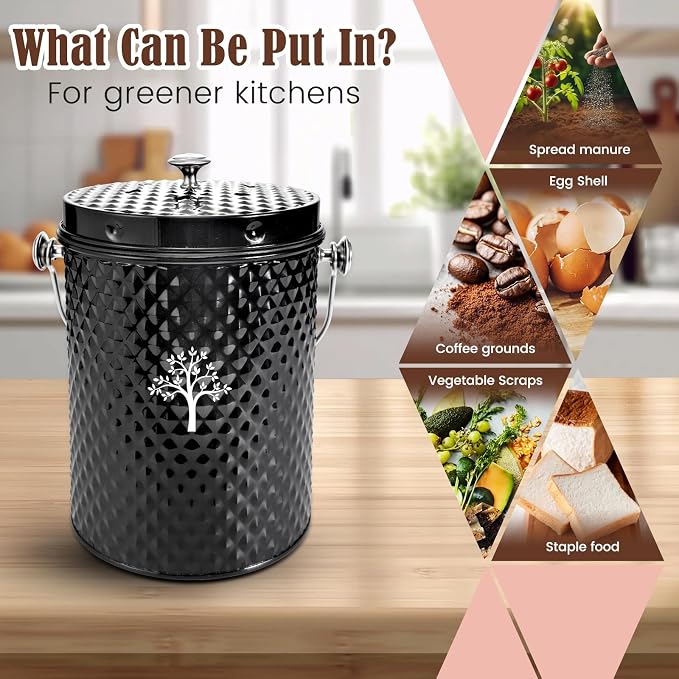 Countertop Compost Bin, Odor-Free Food Waste Container with 50 Bags | 1 Gallon Container,2 Carbon Filters,Compost Bucket, coffee grounds