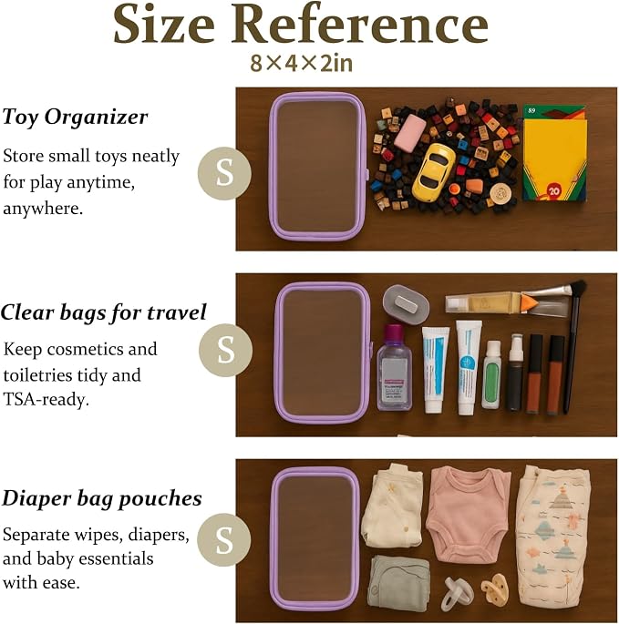 4 pcs Clear Zipper Pouches,Hard Shell Zipper Case, Toiletry Bag for Travel | CLear Diaper Bag, Toiletry Pouch, Travel Organizer, Cosmetic Bag,Toy Storage Bins (M+3S) (Lavender)