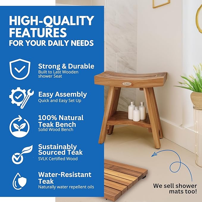 EcoDecors Serenity Teak Shower Bench,18 Inch, Natural Finish + Loveable 24 oz Teak Oil + Loveable 32 oz Teak Cleaner Spray Bottle