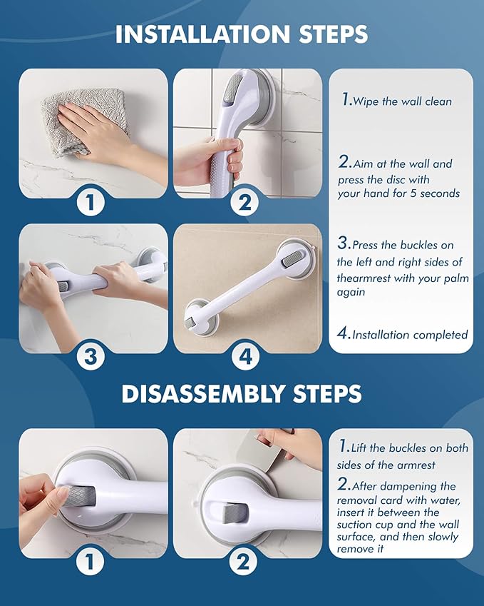 2 Pack 16 Inch Shower Grab Bars - 250LBS Heavy Duty Bath Safety Handles, Non-Slip No Drilling Removable Shower Grips for Bathtubs & Showers, Waterproof Bathroom Assist Handles for Seniors & Elderly