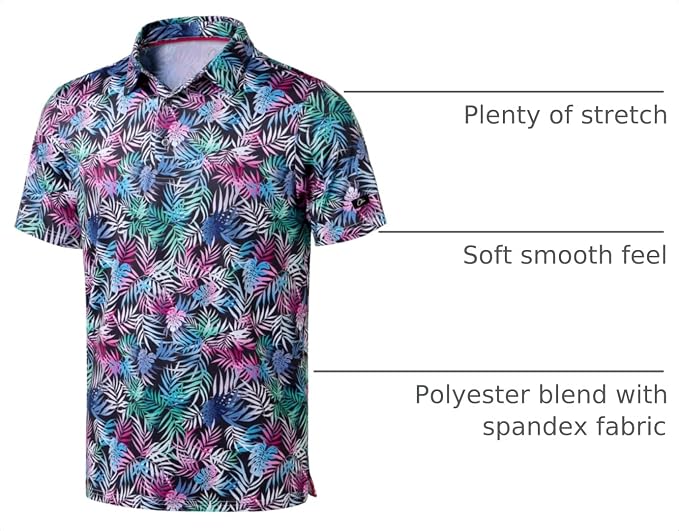 Obla Mens Golf Polo Shirts Short Sleeve Dry Fit Performance Moisture Wicking Casual Print Collared Golf Shirts for Men