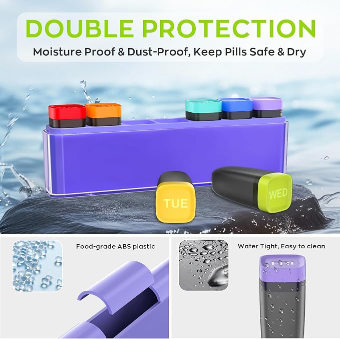 HIONXMGA Weekly Pill Organizer, Detachable 7-Color Pill Box, Easy Open | Portable Travel Pill Case Container for Daily Medication Easy Track, Privacy Protection, Built-in Quick Fill Design, Purple
