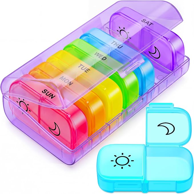 AUVON XL Weekly Pill Organizer 2 Times a Day with Large Opening for Easy Filling, AM PM Pill Box 7 Day in Rainbow Colors, Portable Travel Pill Case for Medication, Vitamins, Fish Oils, Supplements