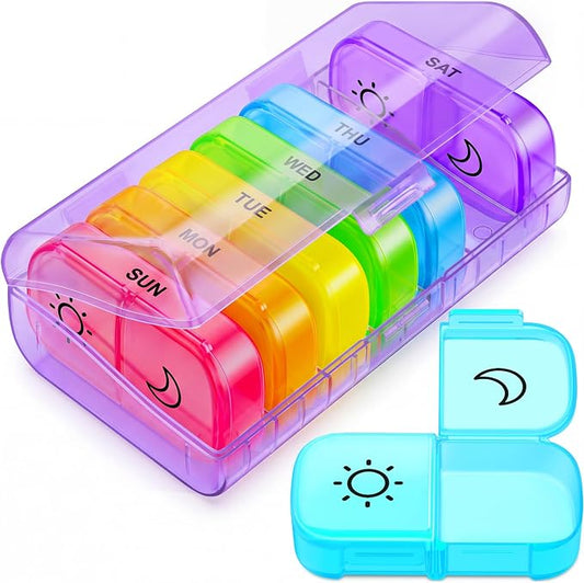 AUVON XL Weekly Pill Organizer 2 Times a Day with Large Opening for Easy Filling, AM PM Pill Box 7 Day in Rainbow Colors, Portable Travel Pill Case for Medication, Vitamins, Fish Oils, Supplements
