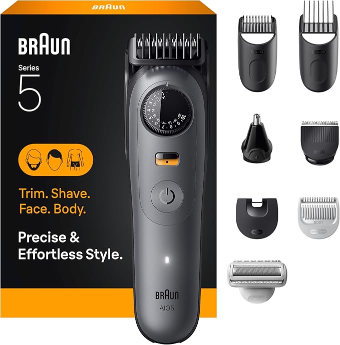 Braun Series 5 All-in-One Beard & Body Grooming Kit for Men, Cordless Trimmer, Hair Clippers & Shaver for Face, Hair & Body with Smooth Shave Head, AIO 5510