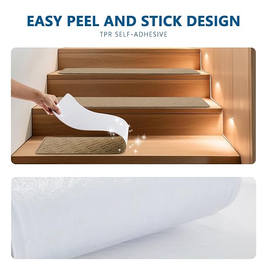 Stair Treads for Wooden Steps Indoor, 15 Pack 8" X 30" Non Slip Carpet Stair Treads with Reusable Adhesive for Elders and Dogs, Surface Polyester TPR Backing Stair Rugs