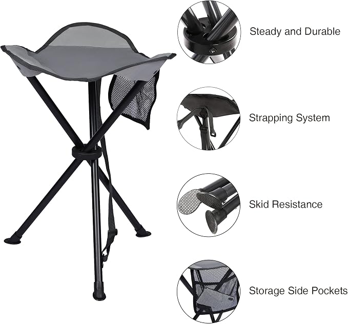 Portal Tall Folding Tripod Stool Portable Tripod Chair for Outdoor Camping | Portable Outdoor Design; Durable Construction; Easy Setup & Storage;Color: Gray