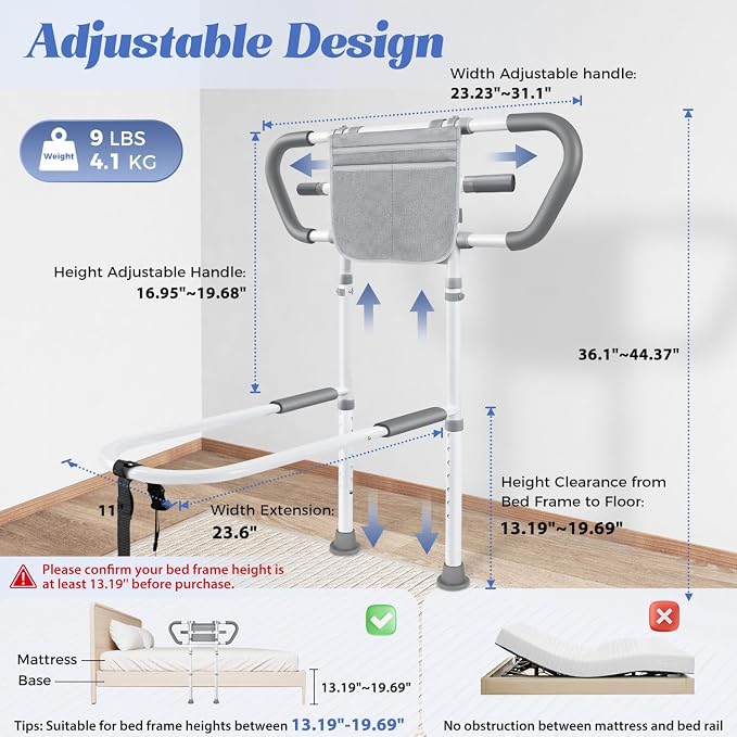 Bed Rails for Elderly Safety 400lb, Adjustable Assist Handle with Pocket | Fits frames 13.19"-19.16". Steel frame holds 400 lbs. Non-slip handle & rubber feet. No-tool assembly