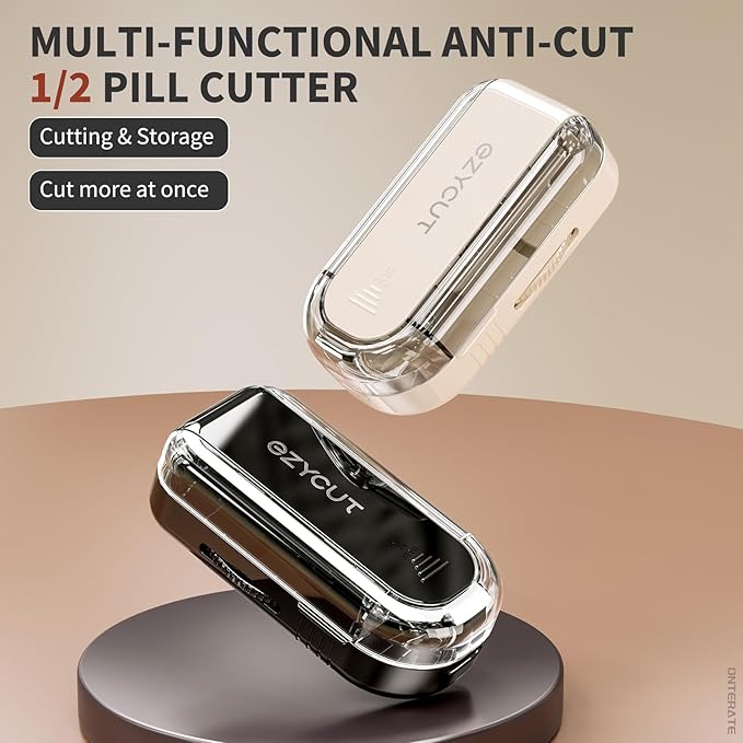 ONTERATE Pill Cutter Splitter for Small & Large Pills, Adjustable Pill Splitter with Safety Guard Hidden Stainless Steel Blade, Travel Tablet Vitamin Cutter Cutting into 1/2 (Black)