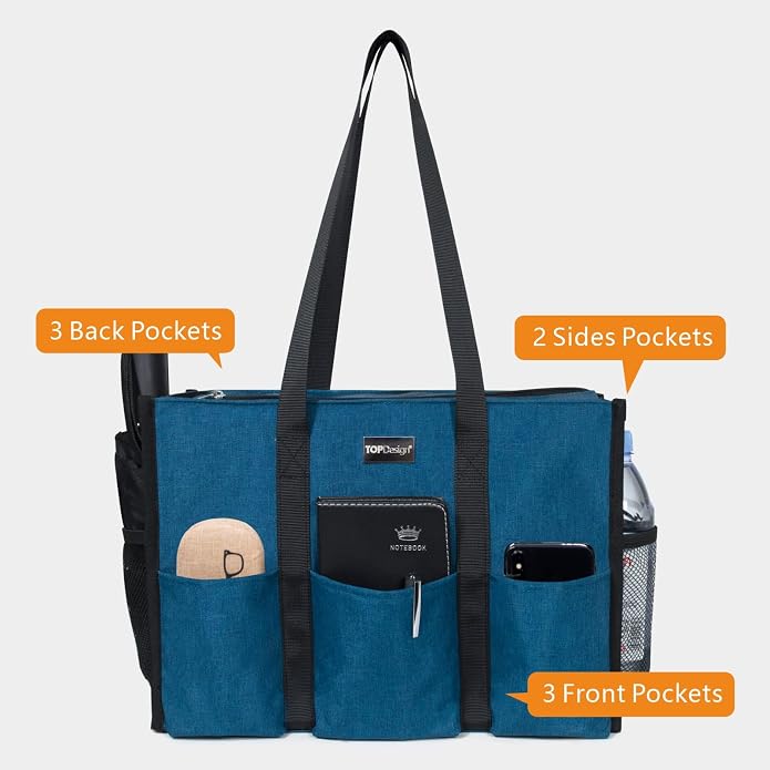 TOPDesign Utility Water Resistant Tote Bag with 13 Pockets, Top Zipper Closure & Thick Bottom Support, for Working Women