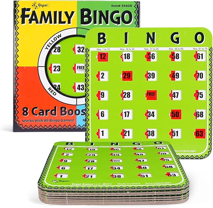Regal Bingo Bulk Bingo Cards with Sliding Windows - Reusable Large Print Bingo Game Cards for Adults Large Group - 8 Pack, Green